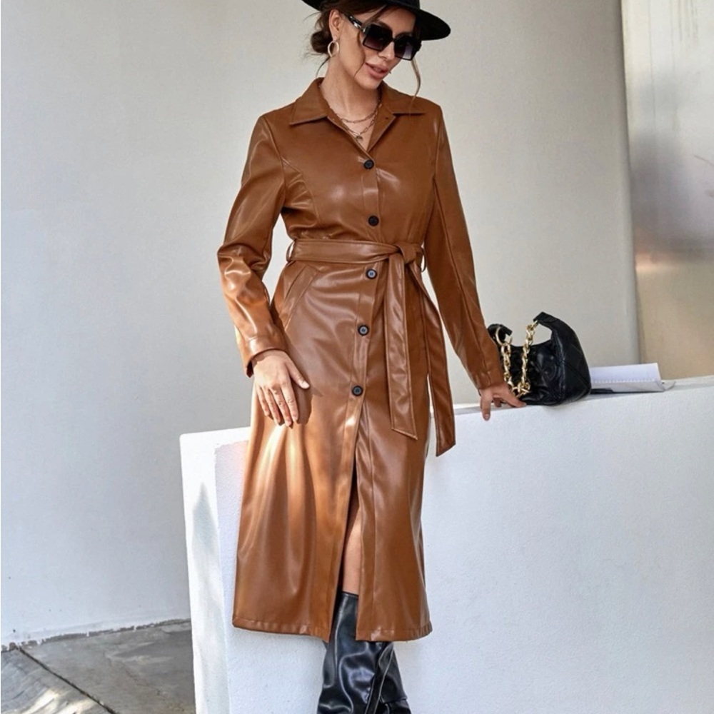 SHEIN Brown Patent Leather Trench Coat